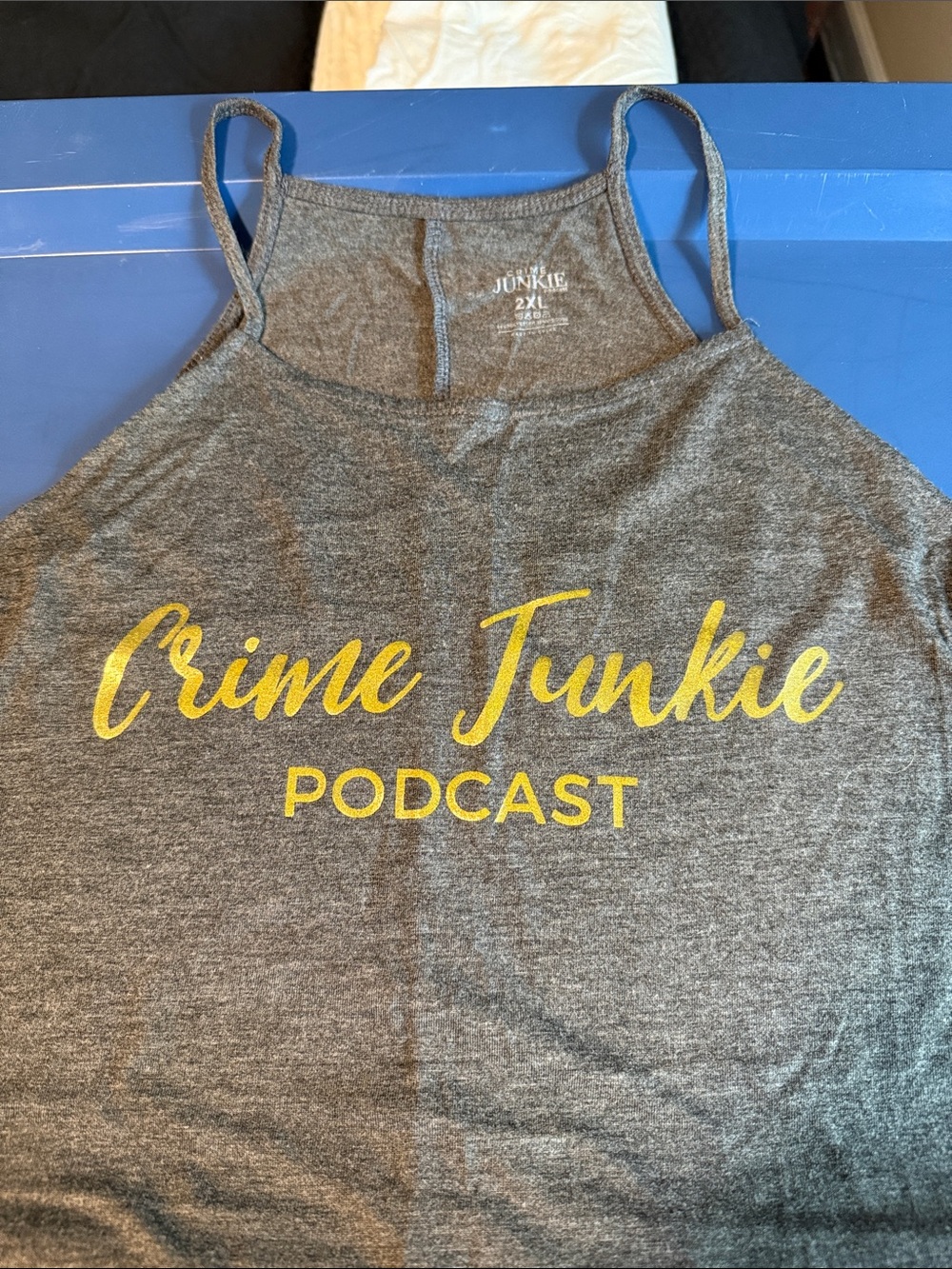 Crime Junkie Podcast Gray Tank with Gold Logo